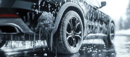 Close up of a black SUV covered in soap and foam with bubbles dripping from the rear wheel arch onto the electric tire and rim