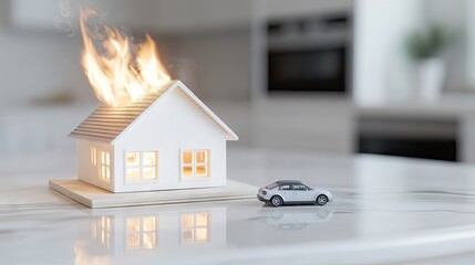 Miniature blue house model ablaze in living room with smoke filling the air and a toy car nearby, an evocative design concept captured creatively