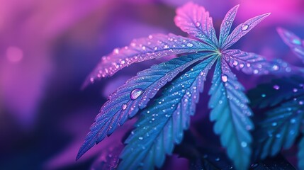 Obraz premium A marijuana leaf close-up with vivid colors and dew drops, showcasing its natural beauty and detail