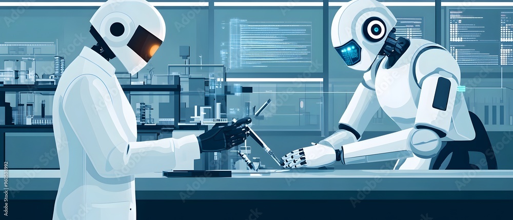 Poster an ai powered robotic assistant collaborating with a scientist in a high tech laboratory showcasing 