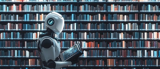 Intelligent AI Powered Robot Librarian Organizing and Managing a Vast Digital Library of Knowledge Symbolizing the Future of Information Management and Technology