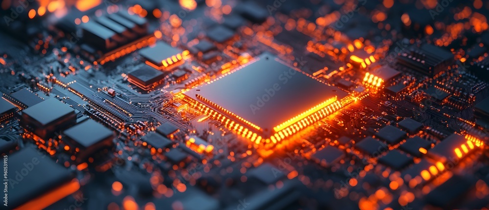 Poster futuristic semiconductor foundry with glowing microprocessor circuits and nanotechnology application