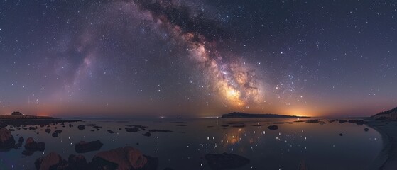 Serene Night Sky: Stunning Photograph of Milky Way Over Tranquil Bay