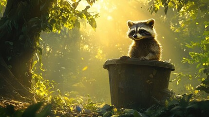 A curious raccoon explores a trash bin in a sunlit forest during early morning hours, surrounded by lush greenery and the soft glow of dawn