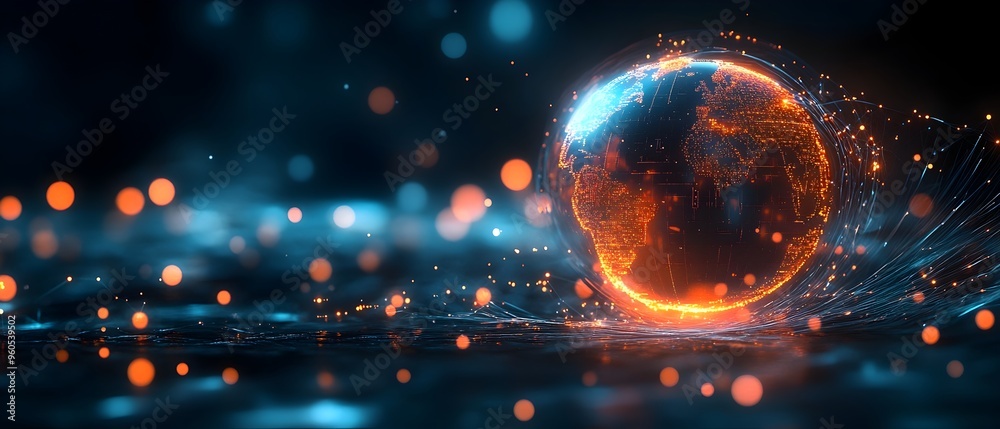 Poster glowing ai powered predictive model visualized as a holographic globe with data points symbolizing g