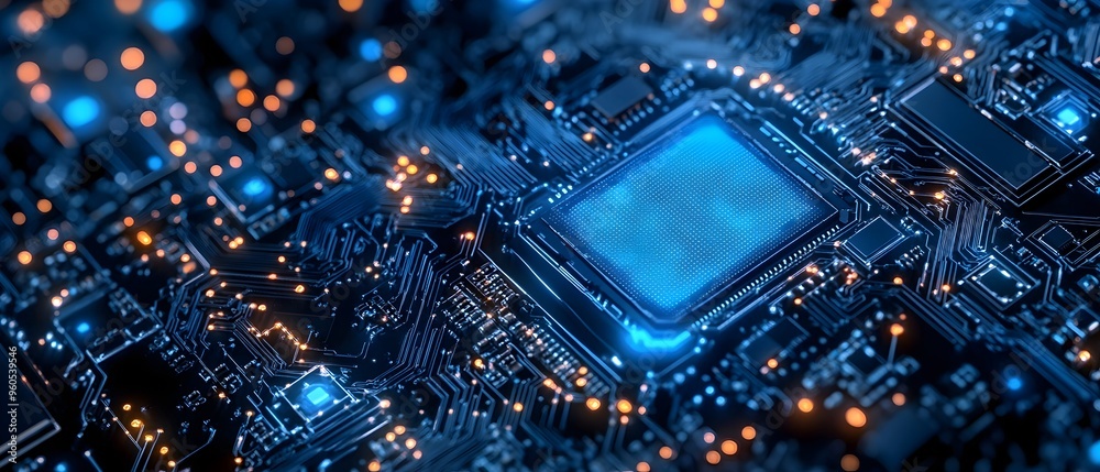 Poster detailed view of a complex and advanced semiconductor microchip with intricate glowing circuit patte