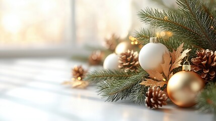 Obraz premium Minimalist Christmas Scene with Elegant White and Gold Ornaments and Pine Cones for Holiday Decor and Seasonal Designs. Copy Space for text