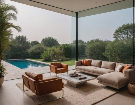 Salotto elegante con pavimento in parquet e vetrate che conducono a un giardino privato con piscina.
