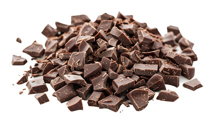 Fototapeta premium Pile chopped, milled dark chocolate isolated on white, top view