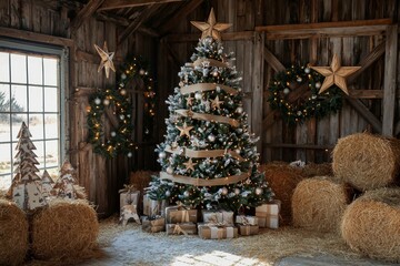 Rustic Barn Christmas Tree with Burlap Ribbons and Wooden Stars for a Warm Country-Style Holiday Decor