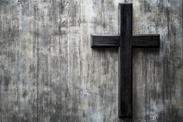 Black and white cross on a concrete background Christian symbol for the Easter holiday, a gray wooden wall with copy space Generative AI
