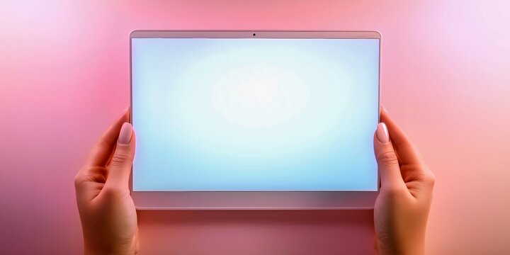 Person Holding Tablet in a Gradient Pink and Blue Background. Minimalist Technology with Empty Screen.