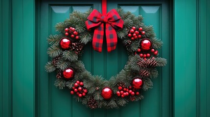 Festive Christmas Wreath with Red Bow and Ornaments on Green Door for Holiday Decor and Greeting Card Design