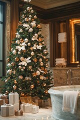 Luxurious Spa with Christmas Tree Decorated in Neutral Ornaments for Holiday Serenity