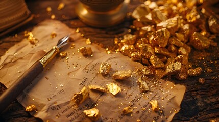 Sparkling Gold Nuggets Surrounding a Quill Pen and Inkwell on Vintage Parchment