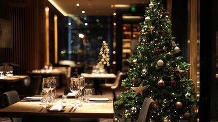Elegant Modern Restaurant with Stylishly Decorated Christmas Tree for Festive Dining Ambiance