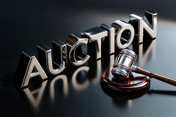 3d render illustration of gavel and text word "AUCTION" in metallic font, with a reflection of a gavel, symbolizing the auction process.