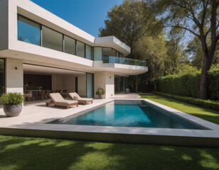 Fototapeta premium Casa di design contemporaneo con piscina privata e grandi finestre. 