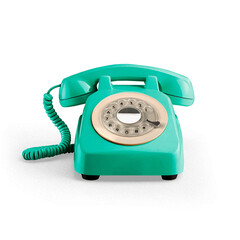 Turquoise 70s phone as a concept of contact, communication and response to customers, with transparent background and shadow