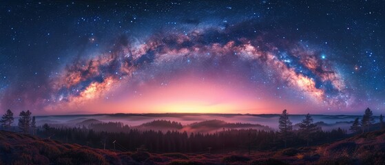 Fototapeta premium Enchanting Milky Way Galaxy Over Forest at Night in Stunning - Perfect for Astrophotography Projects