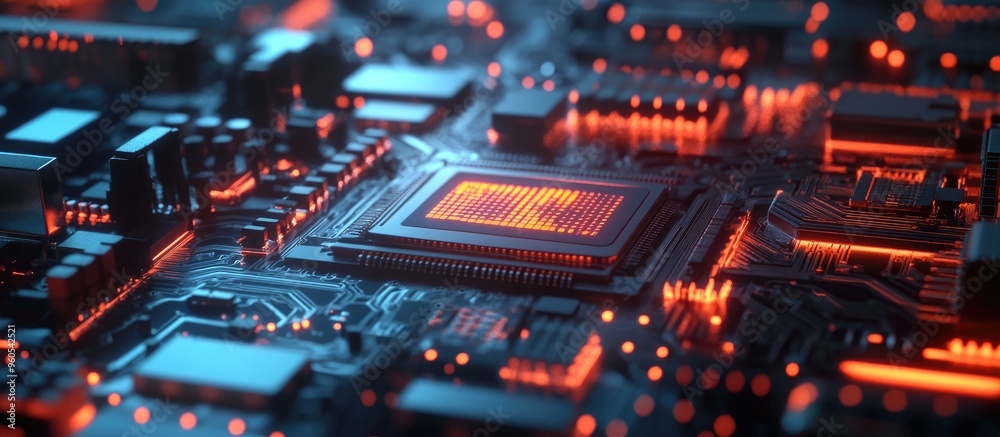 Poster high tech ai supercomputer with a close up view of a transistor on a printed circuit board