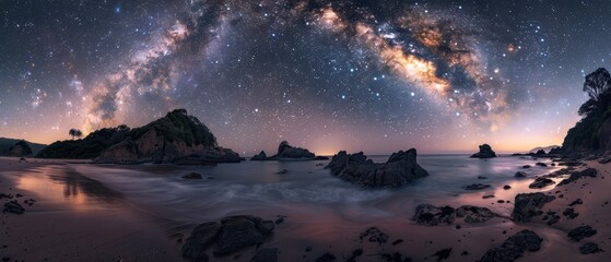 Serene Night Sky: Stunning Astrophotography of Starry Sky above Beach Paradise