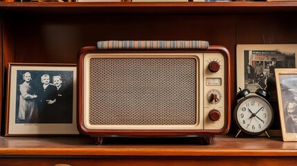 Retro 1940s tabletop radio with a fabric speaker cover, surrounded by old photographs and a vintage clock on a wooden shelf