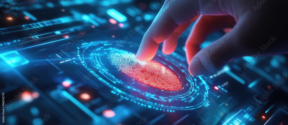 Poster digital fingerprint verification individual interacting with a digital scanner to authorize data acc