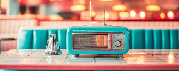 Retro radio in a classic diner setting, neon lights reflecting off its chrome accents, capturing the essence of the 1950s