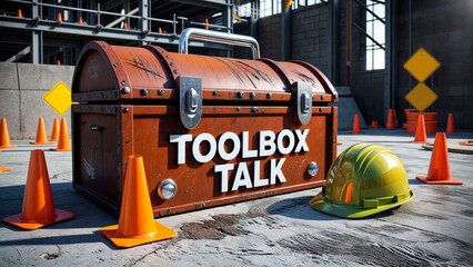 A wooden metal style toolbox with word text phrase "TOOLBOX TALK' sitting on a floor next to an orange safety cone.