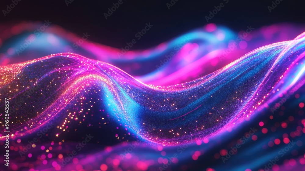 Wall mural abstract 3d render of a fluid holographic neon wave in motion against a dark background gradient des