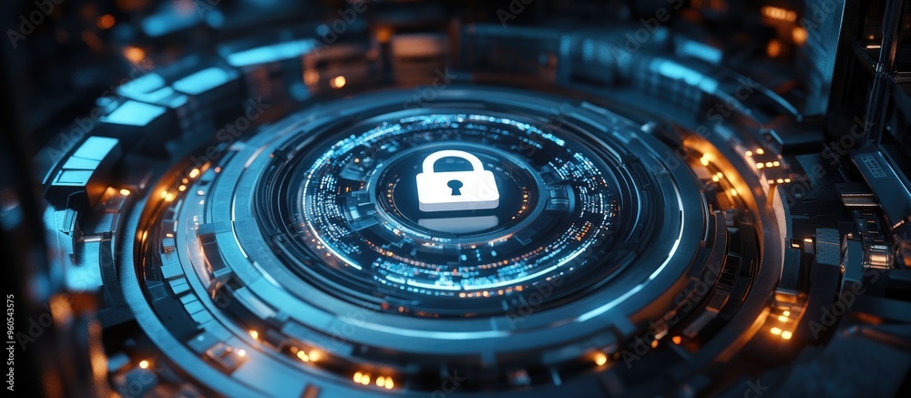 Poster blue shield featuring a white padlock at its center representing technological themes of computer sc