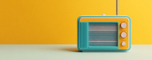Retro transistor radio, compact size, bright colors, 1960s design, 3D illustration