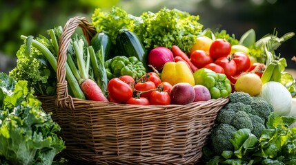 Fresh organic fruits and vegetables in wicker basket. Assorted fresh vegetables