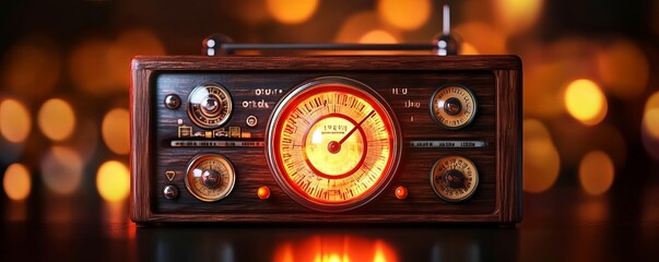 Vintage radio, ornate wooden design, detailed dials, glowing tubes, 3D illustration