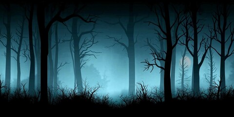 Silhouette of bare trees in a misty, eerie forest with a blue-tinted fog, creating a mysterious atmosphere.