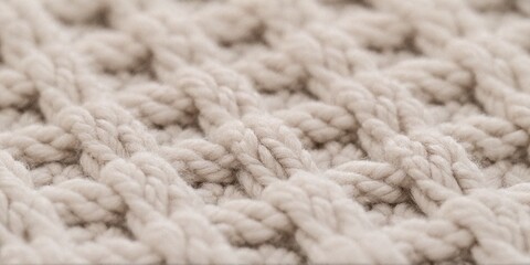 Close-up of a beige wool knitted fabric, showcasing soft texture and intricate stitch details.