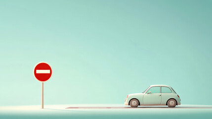 Whimsical depiction of a car bumping into a road sign, both looking surprised, minimalistic style, soft pastels