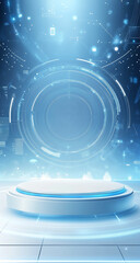 Light blue round podium with modern technology style background.