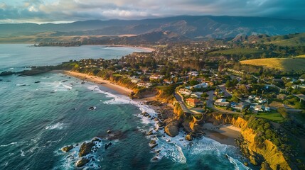 Fototapeta premium Aerial View of a Coastal Town with Ocean and Mountains