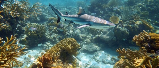 Fototapeta premium Majestic Shark Gliding Through Colorful Coral Reef Depths