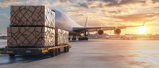 Detailed air freight logistics scene, cargo being loaded onto aircraft, international shipping concept, sleek and professional, morning light, busy airport background
