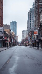 Deserted City Street at Dawn During Lockdown with Empty Roads and Closed Shops