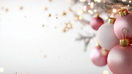 Fototapeta premium Beautiful holiday ornaments in soft pink hues glimmering against a blurred white background, perfect for festive celebrations.