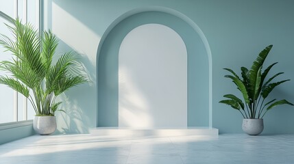 a room with a arch and two plants in it