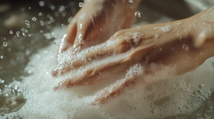 Fototapeta premium Close-up view of hands using luxurious shampoo, with foamy bubbles and a smooth texture
