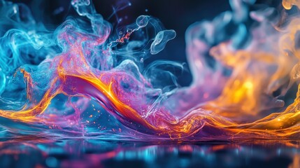 A vibrant cloud of colorful vapor emanates from a chemical vapor deposition reaction occurring in a laboratory, showcasing swirling patterns of orange, blue, and purple in low light