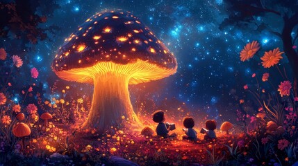 Fototapeta premium Enchanted Night - Children reading under giant mushroom in whimsical cartoon style with vibrant flowers and starry sky