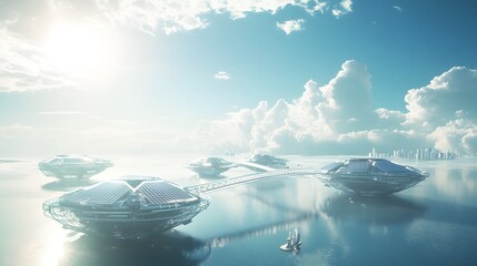 Naklejka premium Solar-Energy Floating Metropolis in the Sky with Transparent Bridges