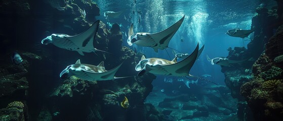 Fototapeta premium Graceful Manta Rays Synchronized Swimming in Clear Ocean Waters
